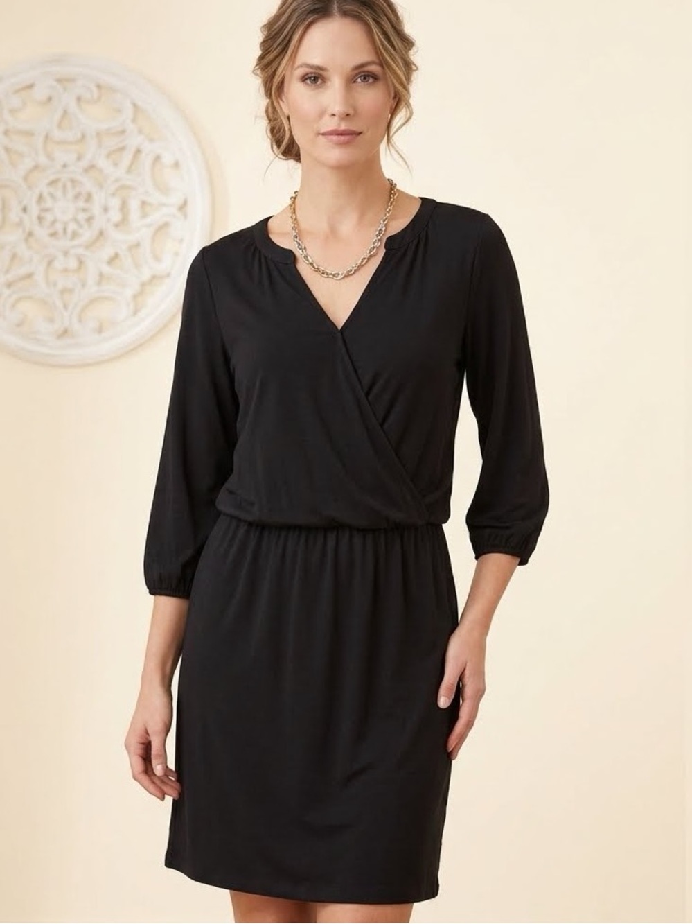Tommy Bahama womens small 4 6 dress Black 3/4 Sleeve wrap viscose spandex NWOT